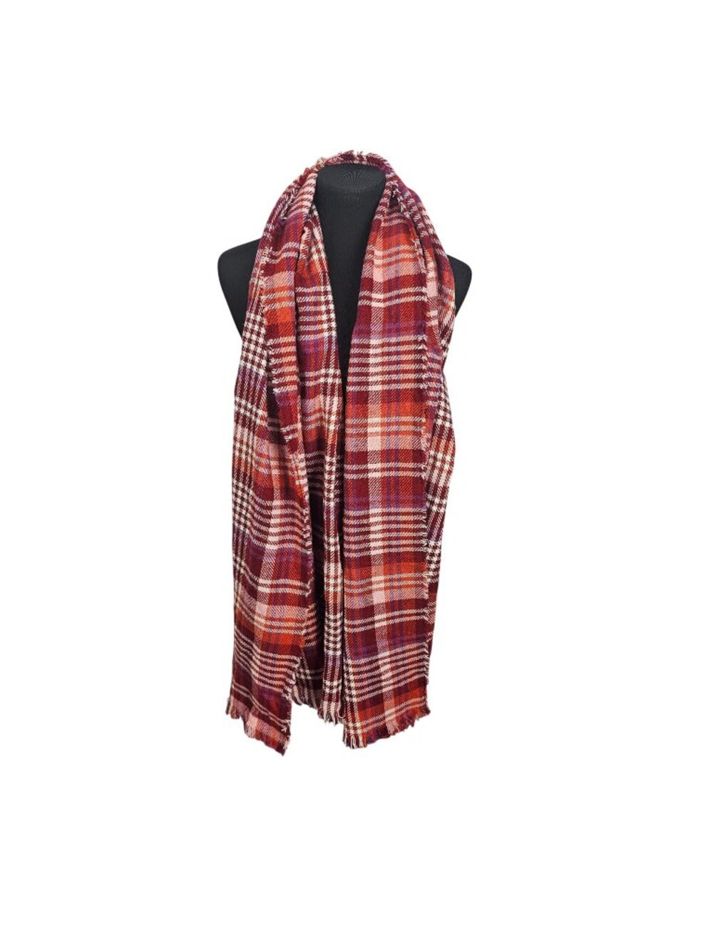 Joan Rivers Plaid Red & Orange Scarf Blanket Wrap Frayed Edges